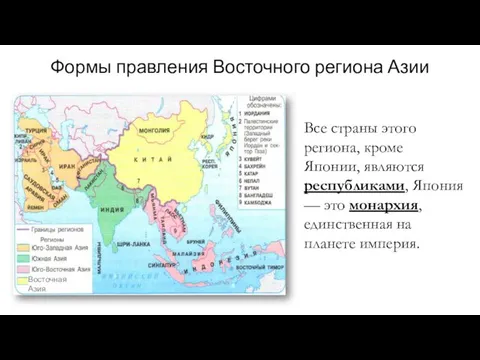 Формы правления Восточного региона Азии Все страны этого региона, кроме Японии,