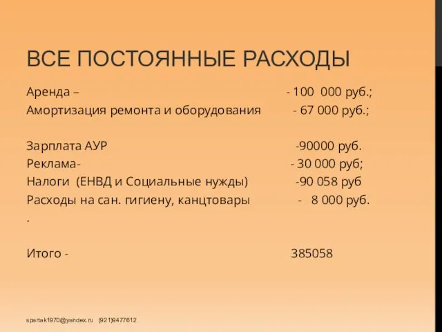 ВСЕ ПОСТОЯННЫЕ РАСХОДЫ Аренда – - 100 000 руб.; Амортизация ремонта