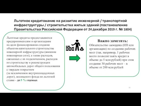 Льготное кредитование на развитие инженерной / транспортной инфраструктуры / строительства жилых