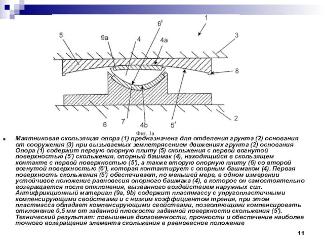 Маятниковая скользящая опора (1) предназначена для отделения грунта (2) основания от