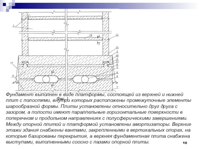 Фундамент выполнен в виде платформы, состоящей из верхней и нижней плит