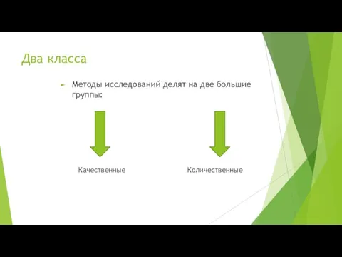 Два класса Методы исследований делят на две большие группы: Качественные Количественные