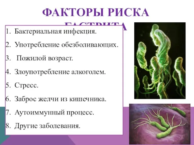 ФАКТОРЫ РИСКА ГАСТРИТА Бактериальная инфекция. Употребление обезболивающих. Пожилой возраст. Злоупотребление алкоголем.