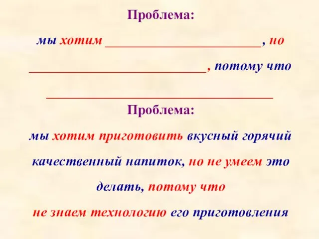 Проблема: мы хотим приготовить вкусный горячий качественный напиток, но не умеем