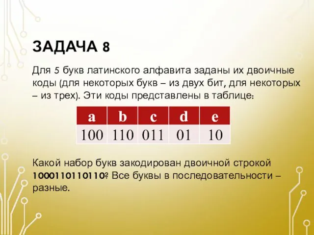 ЗАДАЧА 8 Для 5 букв латинского алфавита заданы их двоичные коды