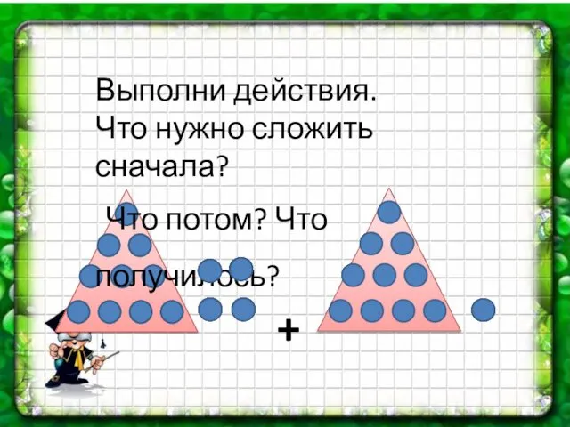 Выполни действия. Что нужно сложить сначала? Что потом? Что получилось? +