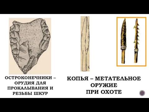 ОСТРОКОНЕЧНИКИ – ОРУДИЯ ДЛЯ ПРОКАЛЫВАНИЯ И РЕЗЬБЫ ШКУР КОПЬЯ – МЕТАТЕЛЬНОЕ ОРУЖИЕ ПРИ ОХОТЕ