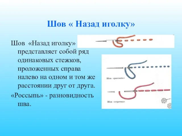 Шов « Назад иголку» Шов «Назад иголку» представляет собой ряд одинаковых