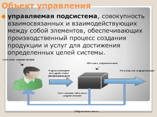 Объект управления управляемая подсистема, совокупность взаимосвязанных и взаимодействующих между собой элементов,