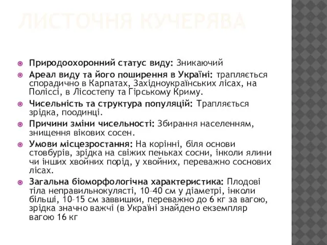 ЛИСТОЧНЯ КУЧЕРЯВА Природоохоронний статус виду: Зникаючий Ареал виду та його поширення