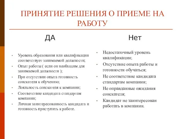 ПРИНЯТИЕ РЕШЕНИЯ О ПРИЕМЕ НА РАБОТУ ДА Уровень образования или квалификации