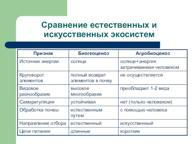 Сравнение естественных и искусственных экосистем