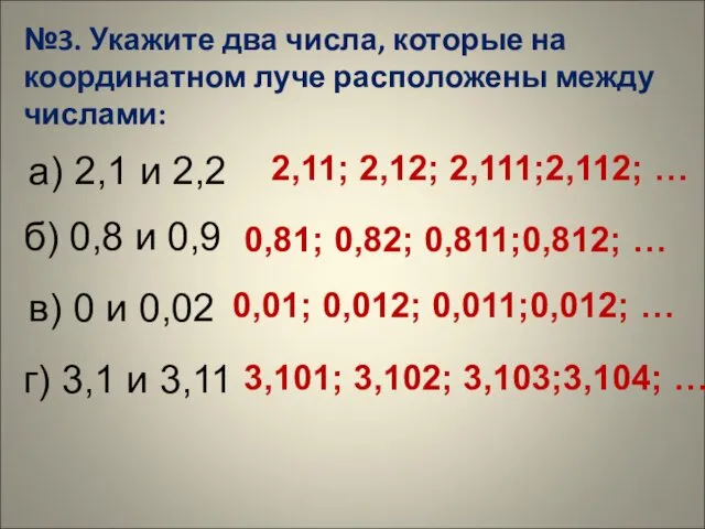 №3. Укажите два числа, которые на координатном луче расположены между числами: