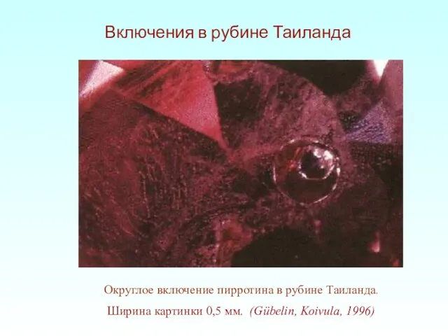 Округлое включение пирротина в рубине Таиланда. Ширина картинки 0,5 мм. (Gübelin,