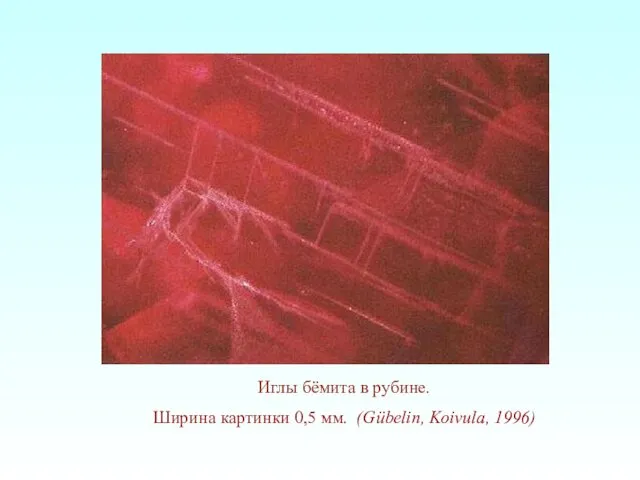 Иглы бёмита в рубине. Ширина картинки 0,5 мм. (Gübelin, Koivula, 1996)