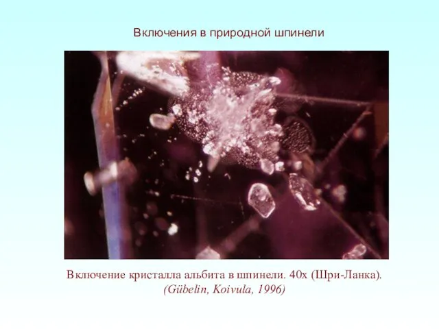 Включения в природной шпинели Включение кристалла альбита в шпинели. 40x (Шри-Ланка). (Gübelin, Koivula, 1996)