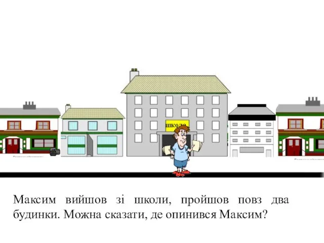 школа Максим вийшов зі школи, пройшов повз два будинки. Можна сказати, де опинився Максим?