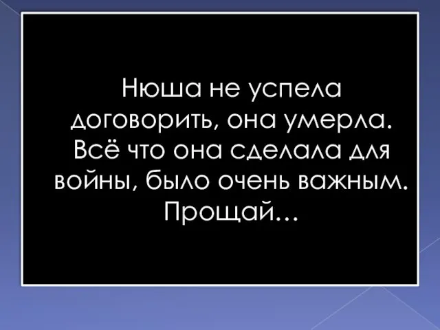 Нюша не успела договорить, она умерла. Всё что она сделала для войны, было очень важным. Прощай…