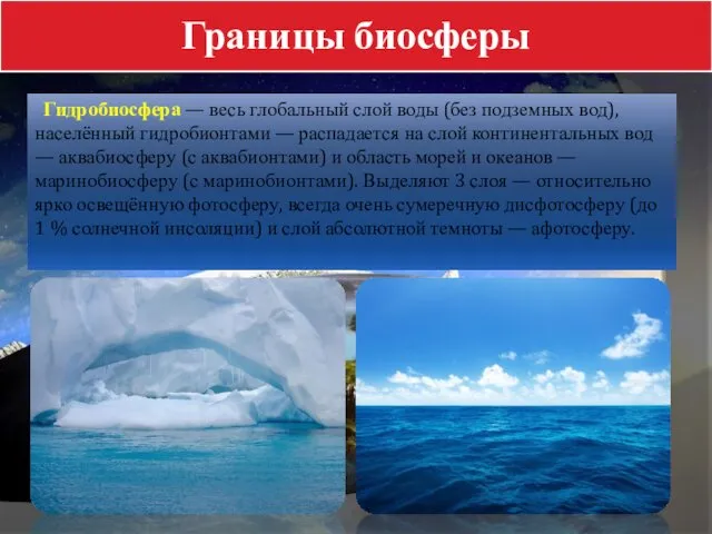 Границы биосферы Гидробиосфера — весь глобальный слой воды (без подземных вод),