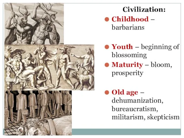 Civilization: Childhood – barbarians Youth – beginning of blossoming Maturity –