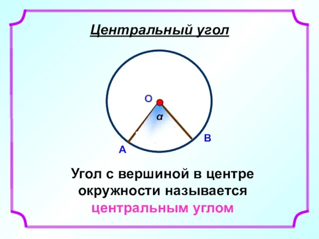 Центральный угол Угол с вершиной в центре окружности называется центральным углом