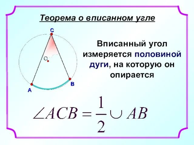 Теорема о вписанном угле Вписанный угол измеряется половиной дуги, на которую он опирается