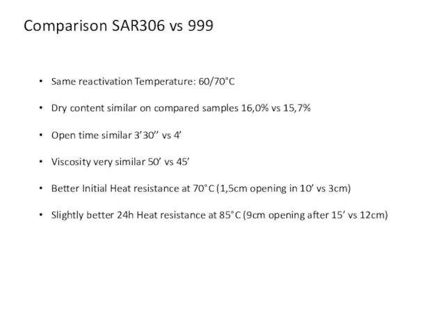 Comparison SAR306 vs 999 Same reactivation Temperature: 60/70°C Dry content similar