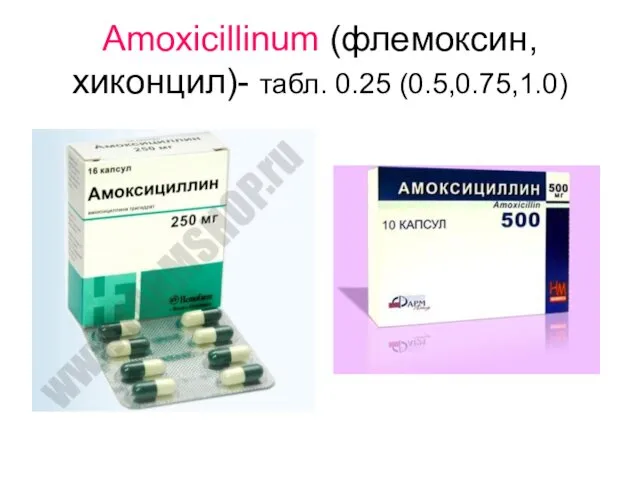 Amoxicillinum (флемоксин, хиконцил)- табл. 0.25 (0.5,0.75,1.0)