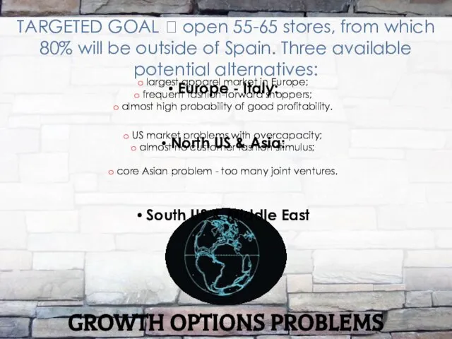 GROWTH OPTIONS PROBLEMS TARGETED GOAL ⮊ open 55-65 stores, from which