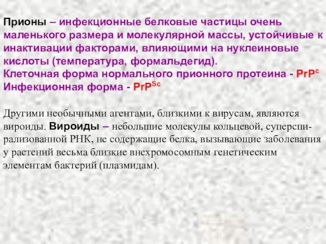 Прионы – инфекционные белковые частицы очень маленького размера и молекулярной массы,