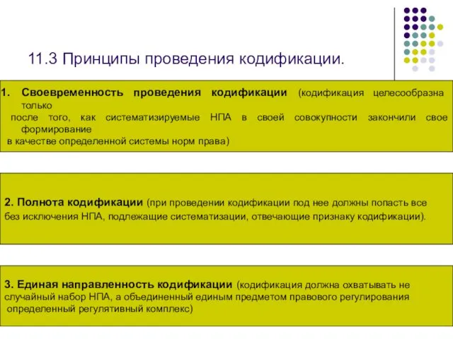 11.3 Принципы проведения кодификации. Своевременность проведения кодификации (кодификация целесообразна только после