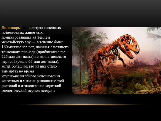Динозавры — надотряд наземных позвоночных животных, доминировавших на Земле в мезозойскую