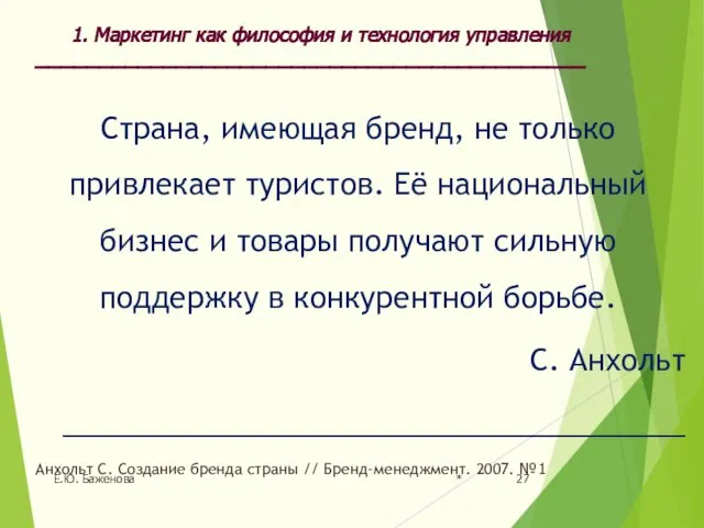 * Е.Ю. Баженова Страна, имеющая бренд, не только привлекает туристов. Её