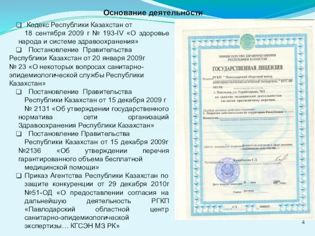 4 Основание деятельности Кодекс Республики Казахстан от 18 сентября 2009 г