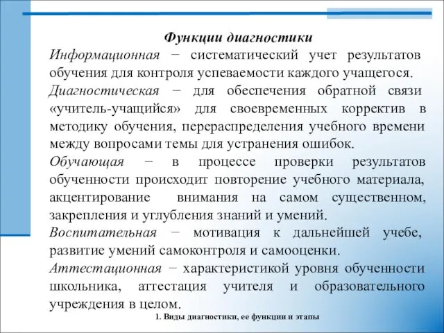 1. Виды диагностики, ее функции и этапы Функции диагностики Информационная −