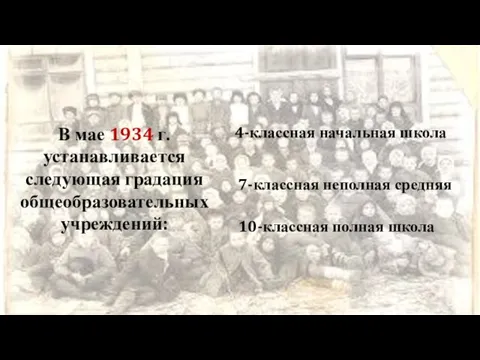 В мае 1934 г. устанавливается следующая градация общеобразовательных учреждений: 4-классная начальная