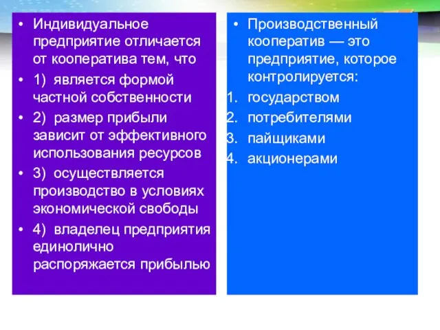 Индивидуальное предприятие отличается от кооператива тем, что 1) является формой частной