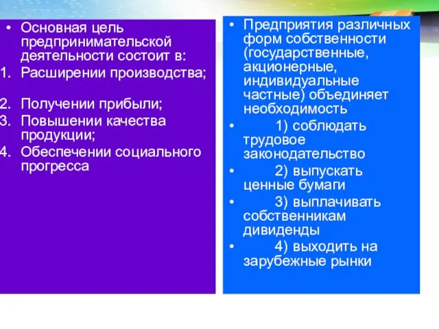 Основная цель предпринимательской деятельности состоит в: Расширении производства; Получении прибыли; Повышении