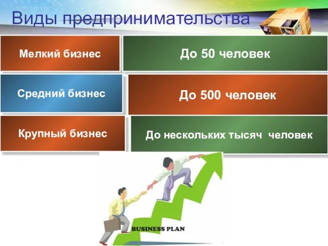 Виды предпринимательства Мелкий бизнес До 50 человек Средний бизнес До 500