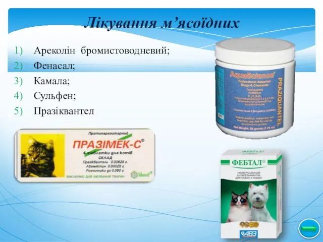 Лікування м’ясоїдних Ареколін бромистоводневий; Фенасал; Камала; Сульфен; Празіквантел