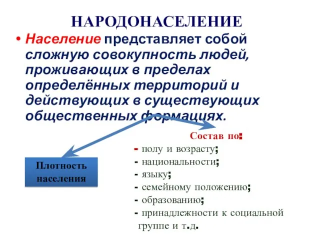 НАРОДОНАСЕЛЕНИЕ Население представляет собой сложную совокупность людей, проживающих в пределах определённых