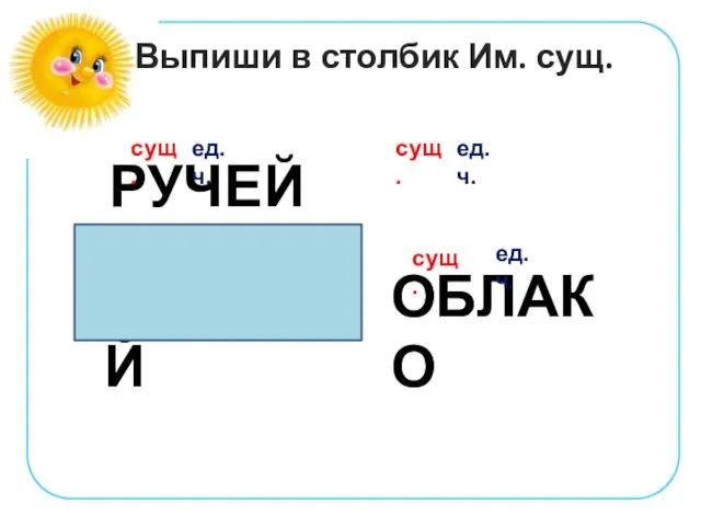 РУЧЕЙ ТРАВА ТЁПЛЫЙ ОБЛАКО сущ. сущ. сущ. прил. ед.ч. ед.ч. ед.ч. Выпиши в столбик Им. сущ.