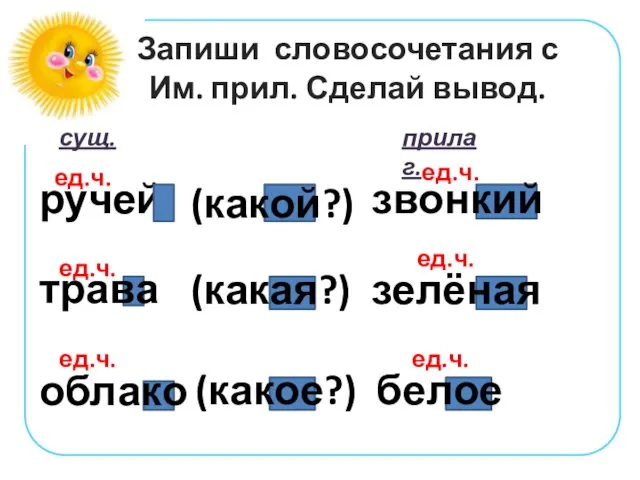 ручей трава облако (какой?) (какая?) (какое?) звонкий зелёная белое сущ. прилаг.