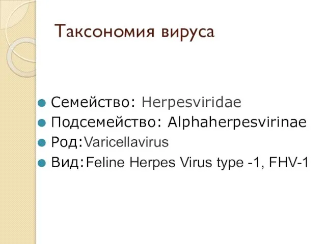 Таксономия вируса Семейство: Herpesviridae Подсемейство: Alphaherpesvirinae Род:Varicellavirus Вид:Feline Herpes Virus type -1, FHV-1