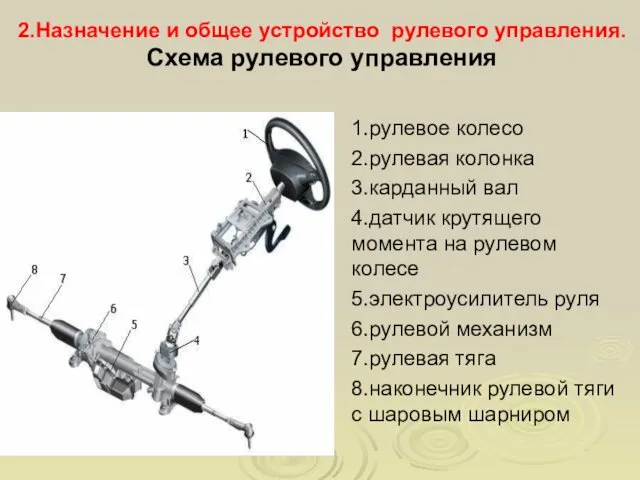 2.Назначение и общее устройство рулевого управления. Схема рулевого управления 1.рулевое колесо