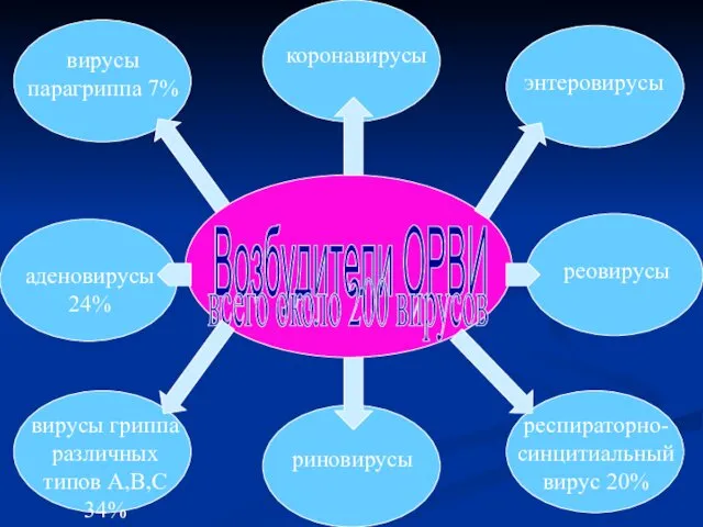 Возбудители ОРВИ всего около 200 вирусов вирусы гриппа различных типов А,В,С