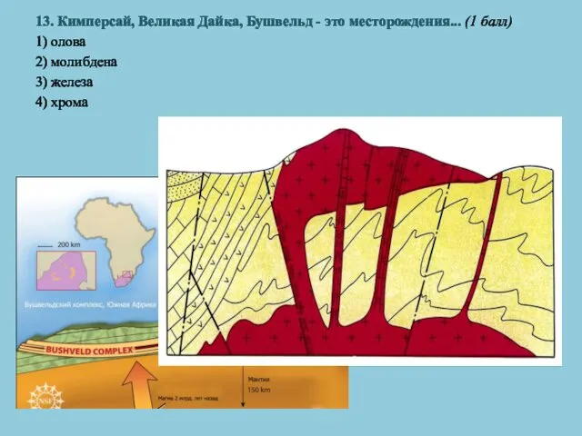 13. Кимперсай, Великая Дайка, Бушвельд - это месторождения... (1 балл) 1)