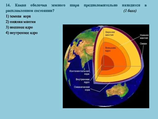 14. Какая оболочка земного шара предположительно находится в расплавленном состоянии? (1