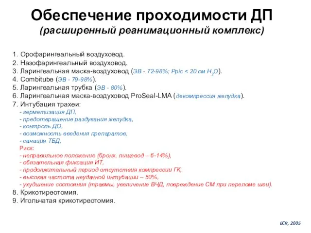 Обеспечение проходимости ДП (расширенный реанимационный комплекс) 1. Орофарингеальный воздуховод. 2. Назофарингеальный