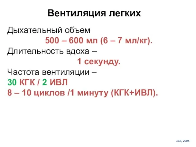 Дыхательный объем 500 – 600 мл (6 – 7 мл/кг). Длительность